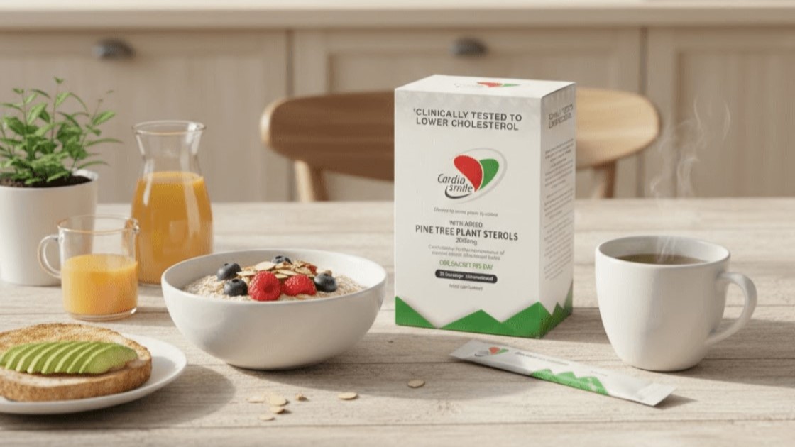 borovicové fytosteroly Cardiosmile doplněk stravy na snížení cholesterolu při zdravé snídani s ovesnou kaší, ovocem a čajem